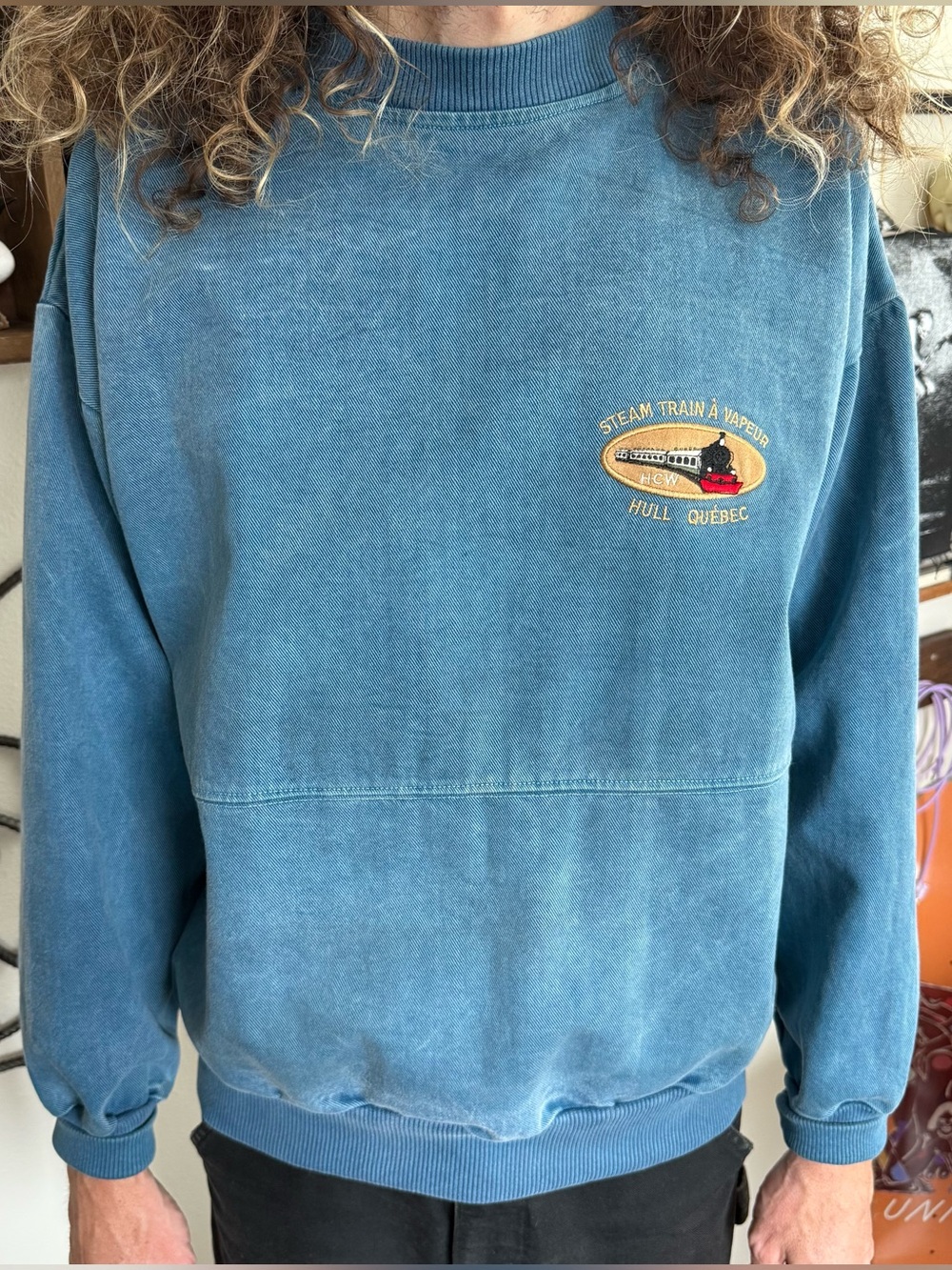 Vintage 90s Blue Denim Steam Train Quebec L/S Crewneck Pullover ~ Size L